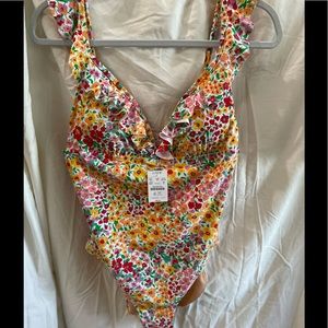 J. CREW MEDIUM Floral Ruffle-Shoulder V-Neck One-Piece Swimsuit CLEMENTINE NWT